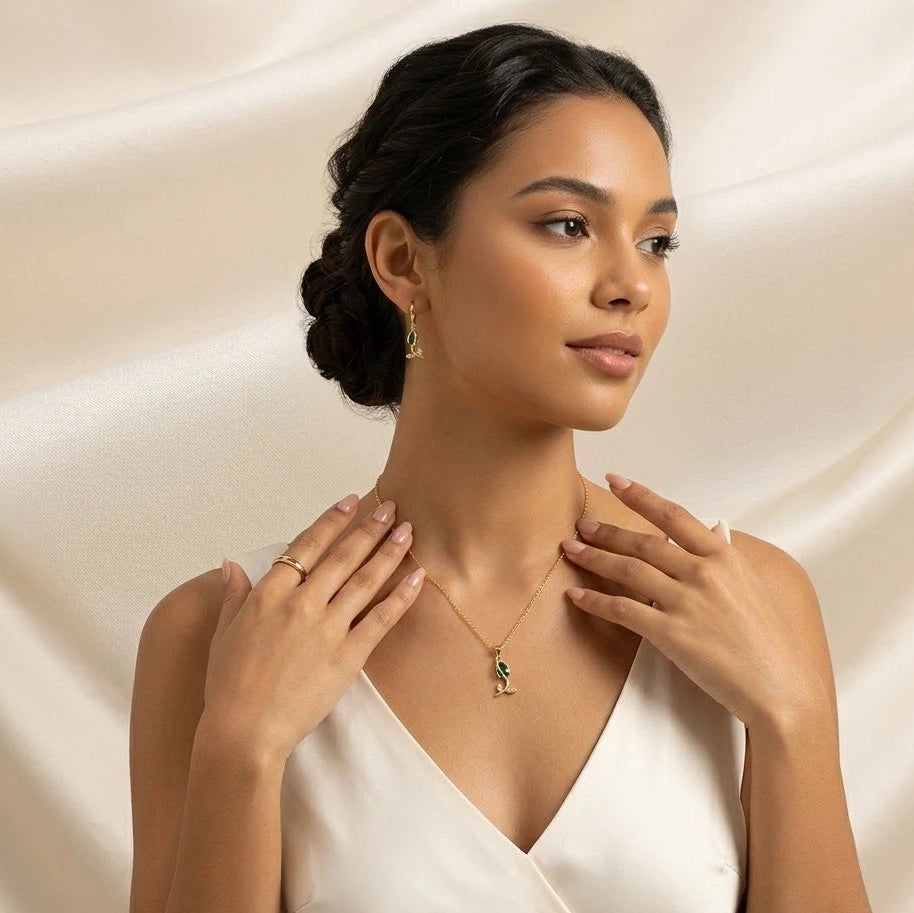 Green Teardrop Necklace & Earring Set - Anti Tarnish Gold Plated-Tulip