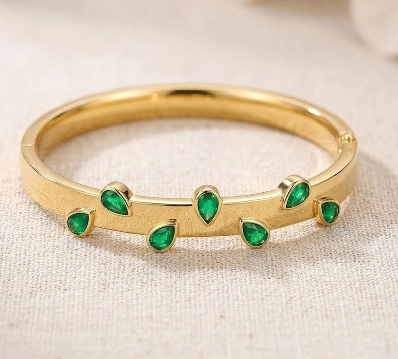 Emerald Green Teardrop Stone Bangle - Anti Tarnish Gold-Plated Bracelet