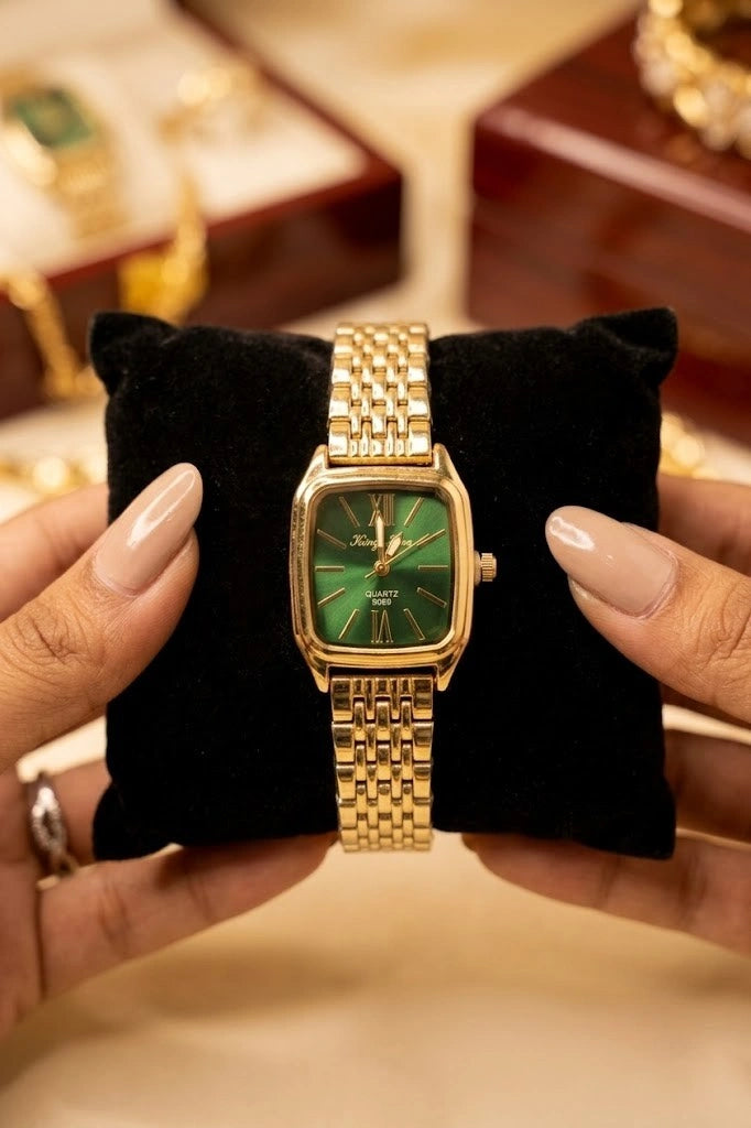 Emerald Green Vintage Square Watch - Anti Tarnish Gold Plated