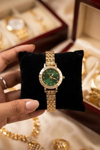 Vintage Emerald Green Dial Anti-Tarnish Gold Plated Watch for Women | Moncheri Jewels