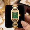 Emerald Green Minimalist Rectangular Anti-Tarnish Gold Plated Watch for Women