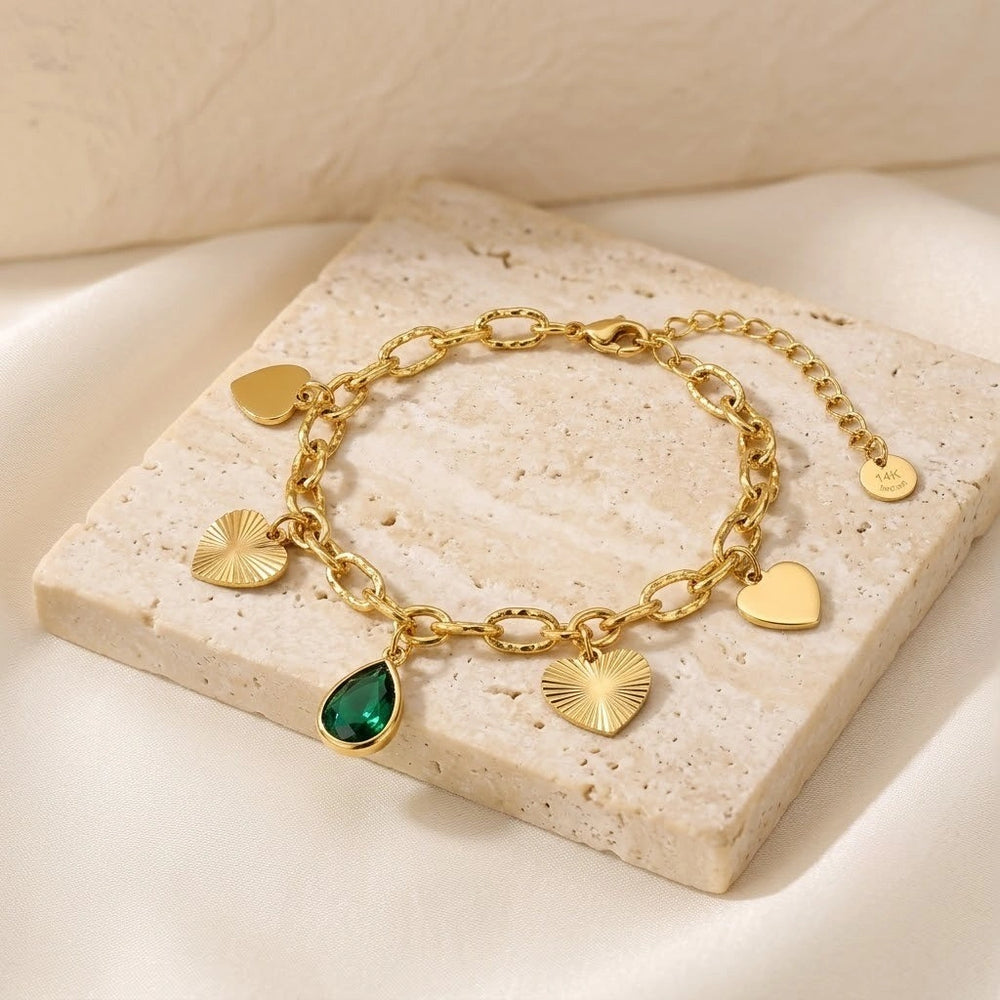 Emerald Heart Charm Anti Tarnish Gold Plated Bracelet for Women