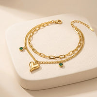 Emerald Heart Double Layered Anti Tarnish Gold Plated Bracelet for Women