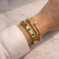 Emerald Heart & Minimalist Nail Bangle Stack - Anti-Tarnish Gold Plated
