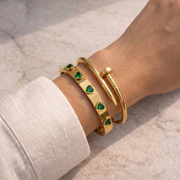 Emerald Heart & Minimalist Nail Bangle Stack - Anti-Tarnish Gold Plated