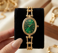 Emerald Oval Dial Anti-Tarnish Gold Plated Bracelet Watch for Women