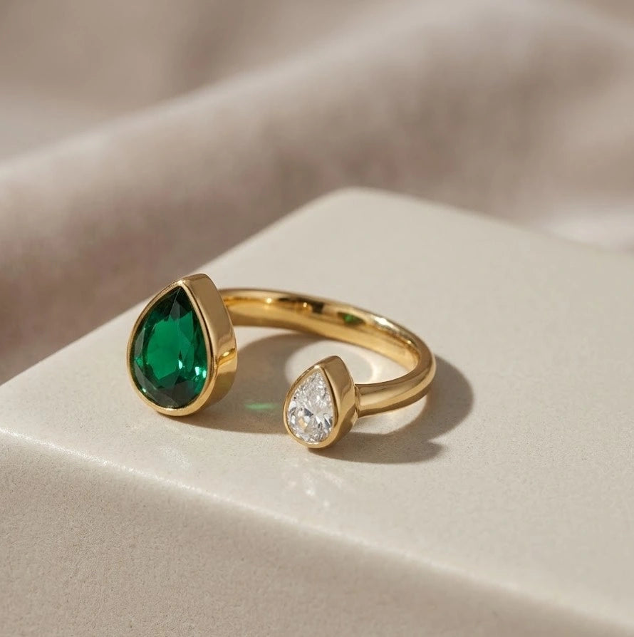 Emerald Pear & Diamond Drop Open Ring - Elegant Two-Stone Fashion Ring