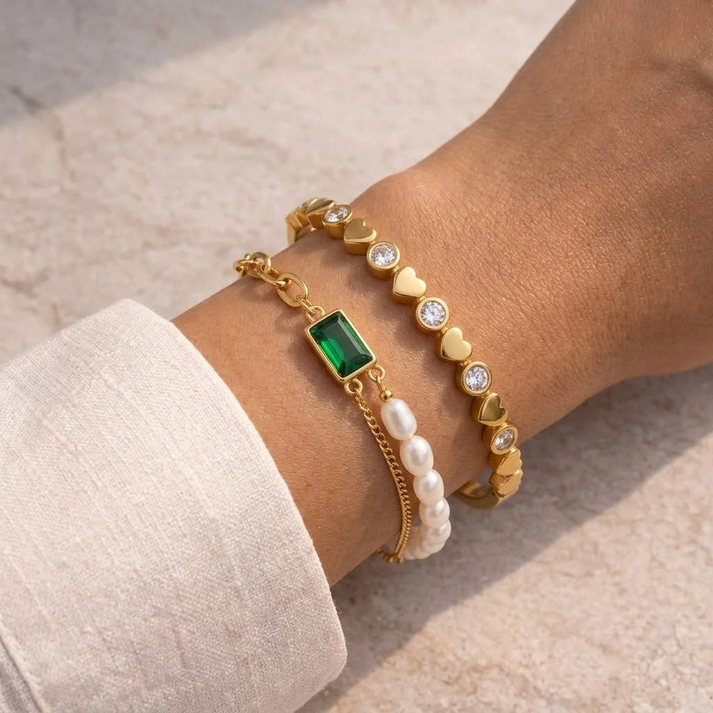 Emerald Pearl & Heart Zircon Bracelet Stack - Anti-Tarnish Gold Plated