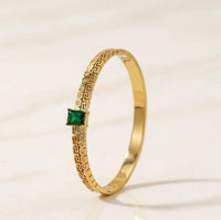 Emerald Green Stone Greek Key Bangle - Anti-Tarnish Gold-Plated Bracelet
