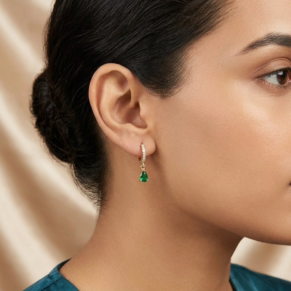 Emerald Green Teardrop Hoop Earrings | Anti Tarnish Gold Plated