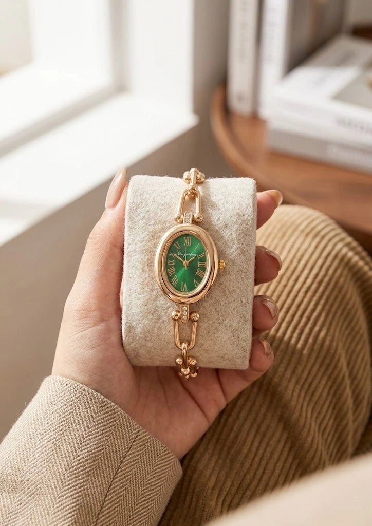 Vintage Emerald Green Oval Watch - Anti-Tarnish Gold Plated