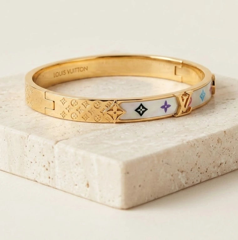 Designer Inspired Monogram Enamel Bangle - Anti-Tarnish Gold Plated