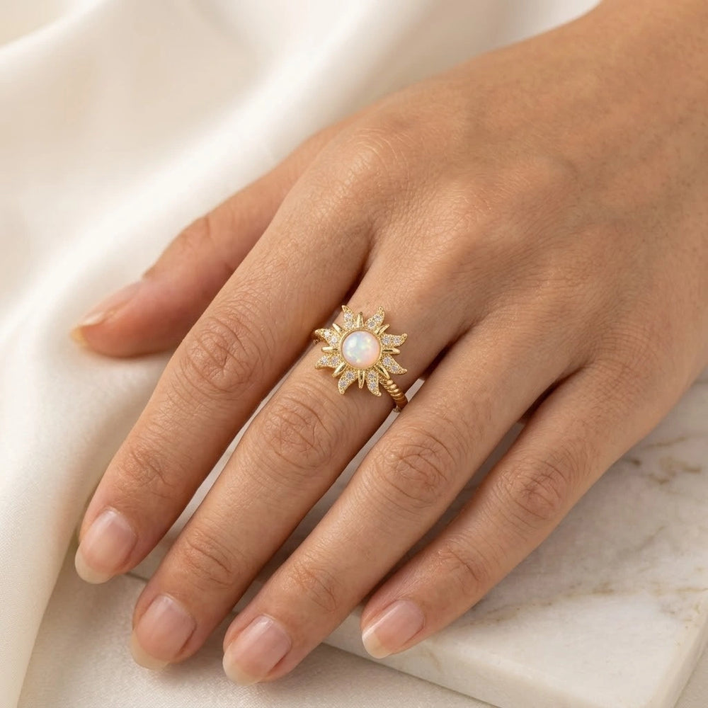 Opal Sunburst Adjustable Ring - Anti-Tarnish Gold Plated Celestial Jewelry