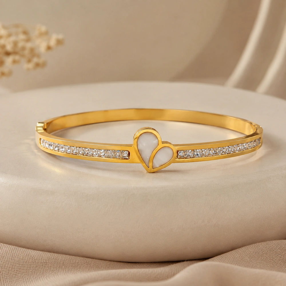 Anti-Tarnish Gold Plated Heart Bangle Bracelet with Crystals