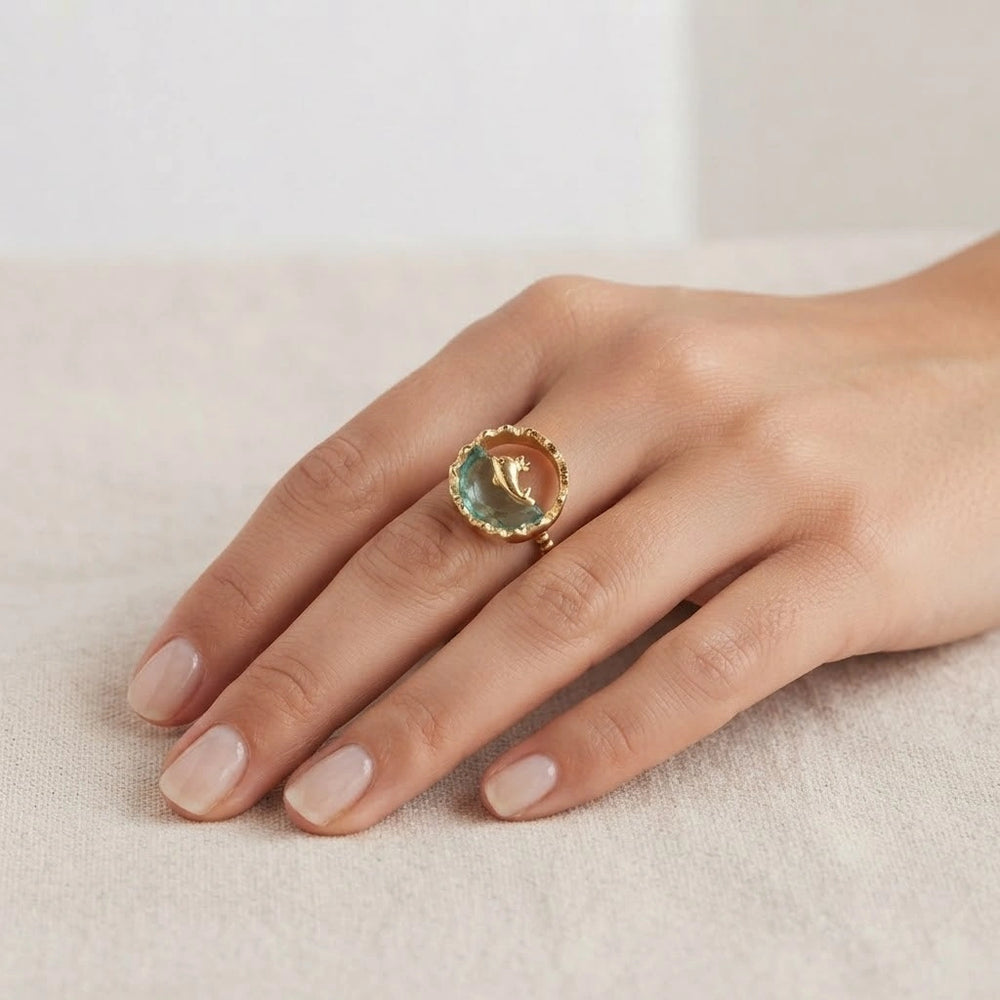 Dolphin Ocean Blue Stone Anti Tarnish Gold Plated Ring