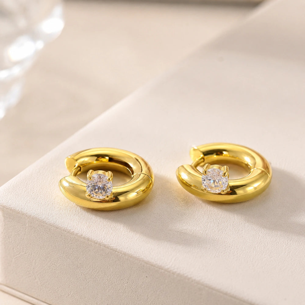 Chunky Solitaire Hoop Earrings - Anti Tarnish Gold Plated
