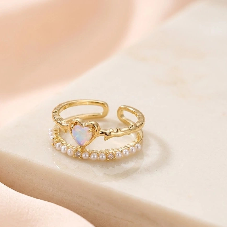 Heart Opal & Pearl Stacking Ring Set | Anti-Tarnish Gold Plated