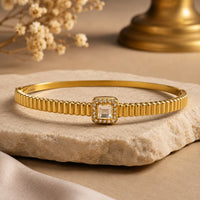 Crystal Halo Ribbed Bangle - Anti-Tarnish Gold Plated Bracelet