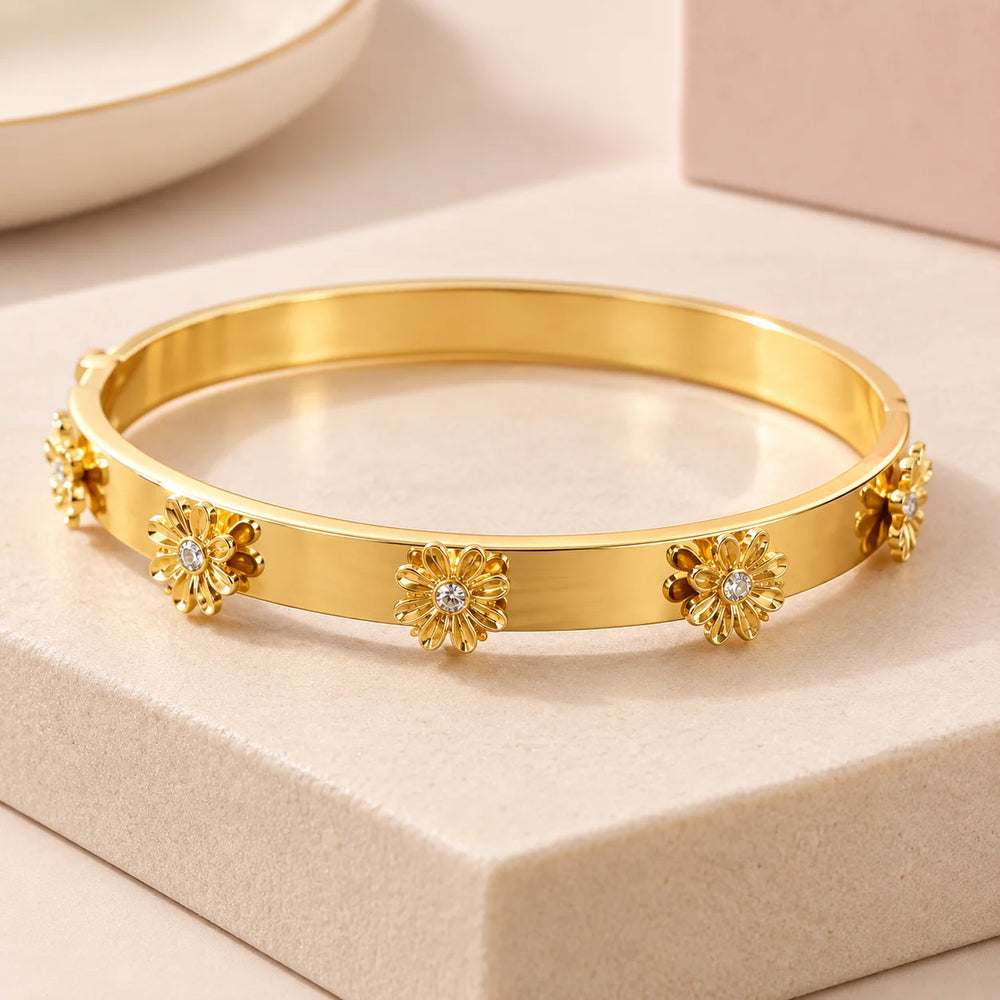 Floral Daisy Bangle - Anti Tarnish Gold Plated Bracelet for Women