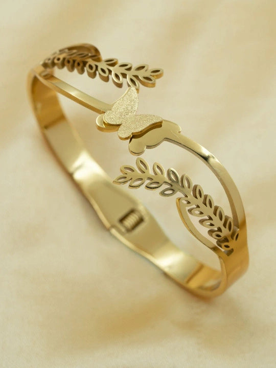 Anti-Tarnish Gold-Plated Butterfly & Leaf Cuff Bracelet for Women