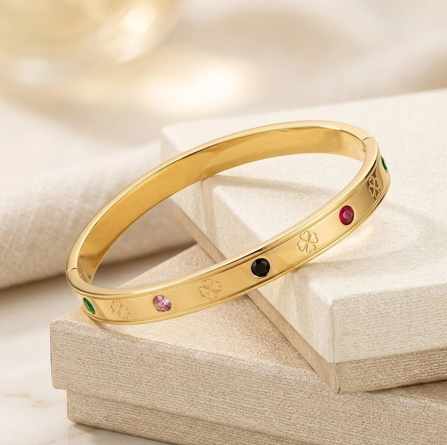 Multicolor Stone Anti-Tarnish Gold-Plated Bangle Bracelet