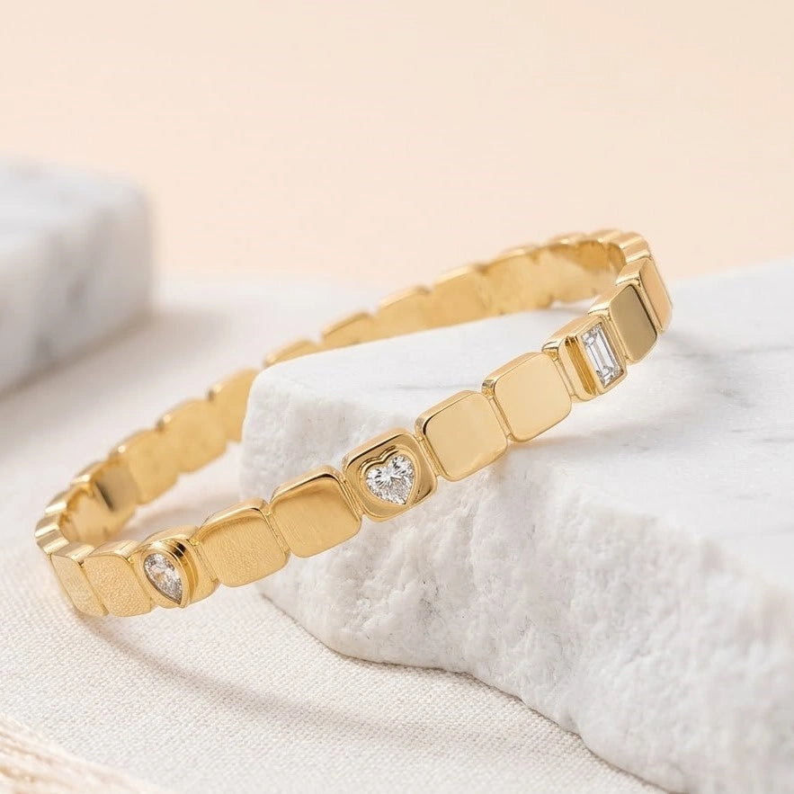 Geometric Square Link Anti-Tarnish Gold-Plated Bracelet with CZ Stones