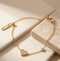 Pave Heart Charm Gold Plated Bracelet | Anti-Tarnish Minimalist Jewelry