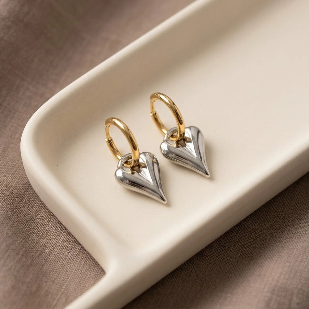 Dual Tone Heart Drop Hoop Earrings - Anti Tarnish Gold Plated