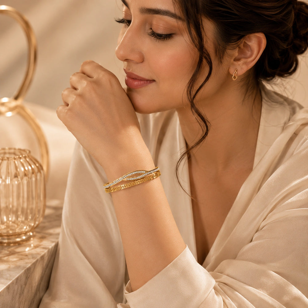 Anti-Tarnish Greek Key & Zircon Wave Gold-Plated Bangle Bracelet