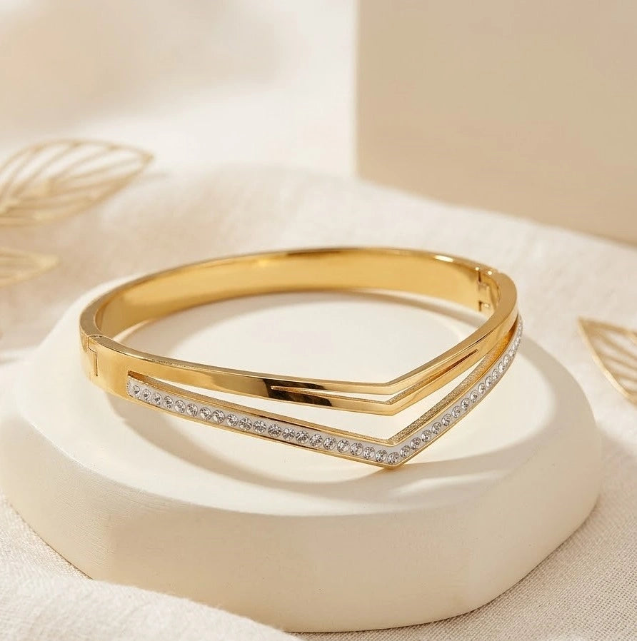 Double Layer Chevron V-Shape Gold-Plated Bracelet | Anti-Tarnish CZ Bangle