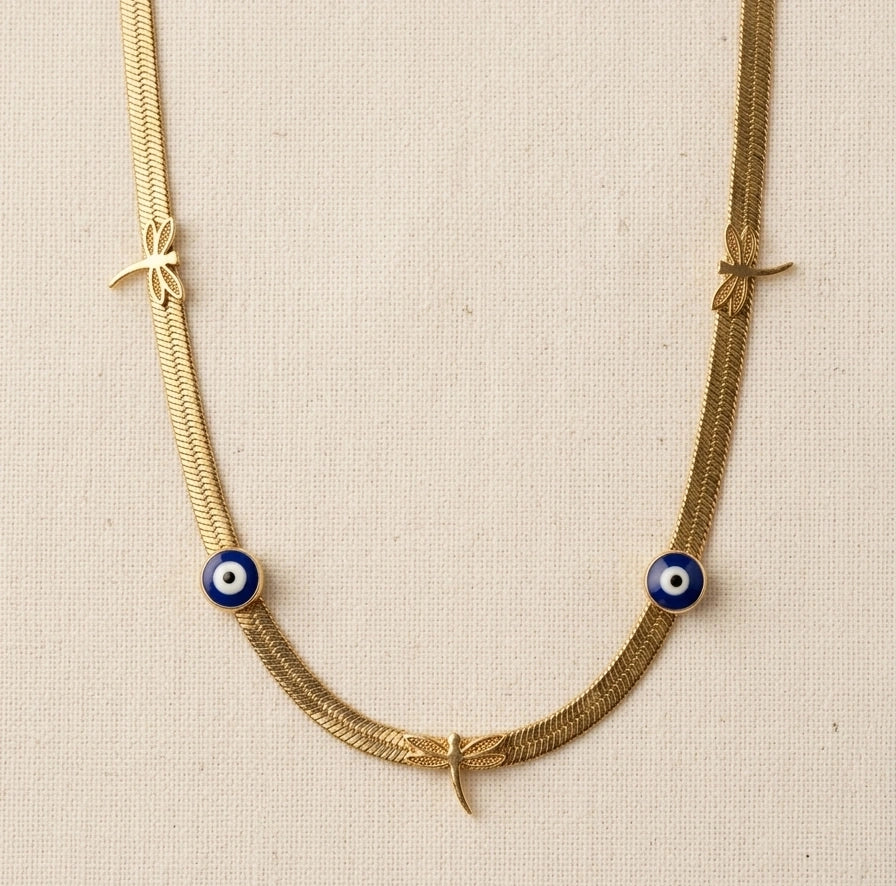 Anti-Tarnish Evil Eye & Dragonfly Herringbone Necklace - Gold Plated