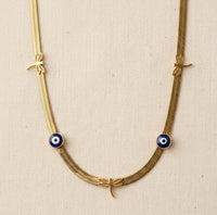 Anti-Tarnish Evil Eye & Dragonfly Herringbone Necklace - Gold Plated