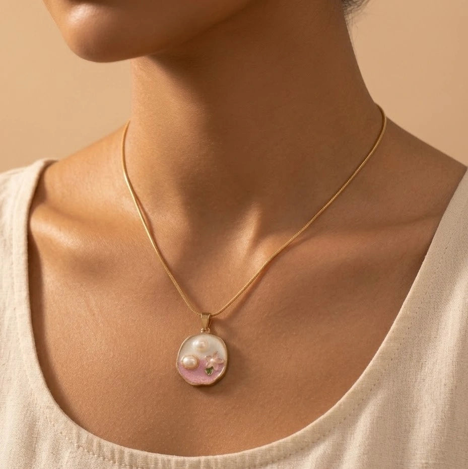 Floral Pearl Enamel Pendant Necklace - Anti Tarnish Fashion Jewelry