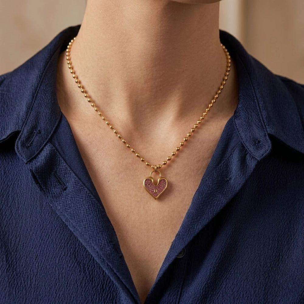 Pink Heart Lock Necklace - Anti-Tarnish Gold Plated Beaded Chain