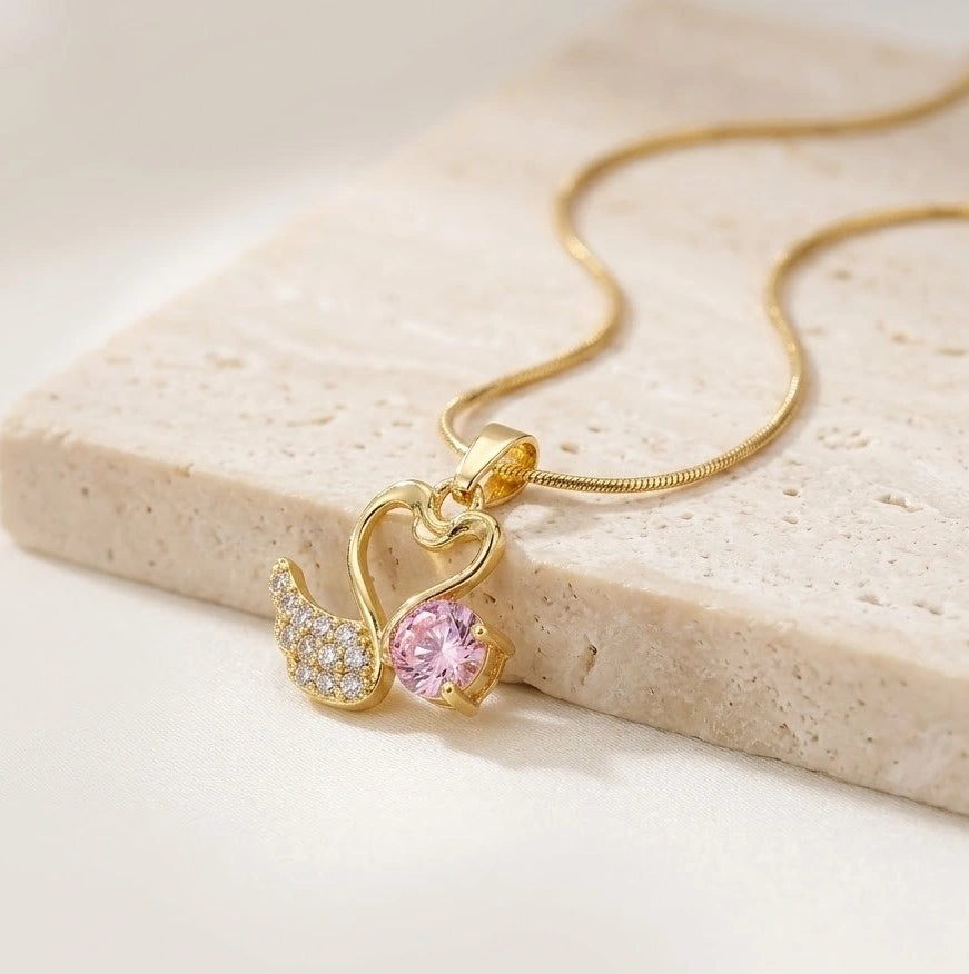 Pink Stone Swan Pendant Necklace | Anti-Tarnish Gold Plated | Moncheri Jewels