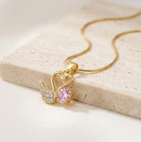 Pink Stone Swan Pendant Necklace | Anti-Tarnish Gold Plated | Moncheri Jewels