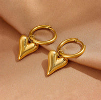 Puffy Heart Drop Hoop Earrings - Anti Tarnish Gold Plated