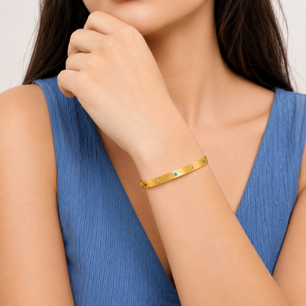 Evil Eye Multi-Stone Gold Plated Bangle | Anti-Tarnish Minimalist Bracelet