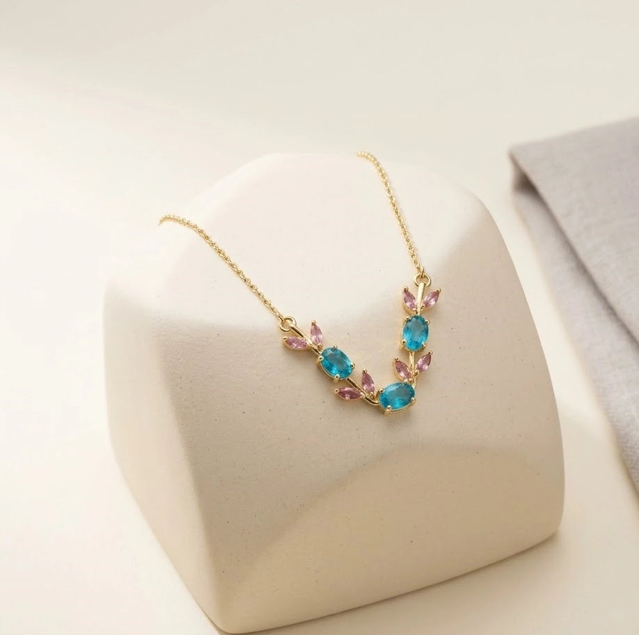 Floral Vine Blue & Pink Stone Gold Plated Necklace - Anti Tarnish