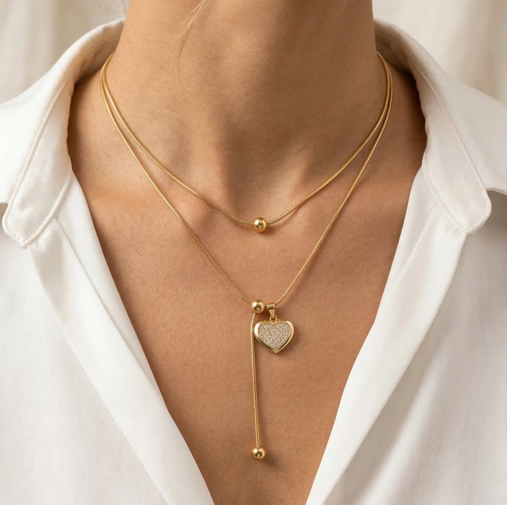 Anti-Tarnish Layered Heart Pendant Necklace | Gold Plated Snake Chain