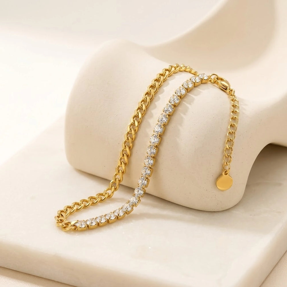 Half Tennis Half Link Chain Bracelet - Anti Tarnish Gold Plated