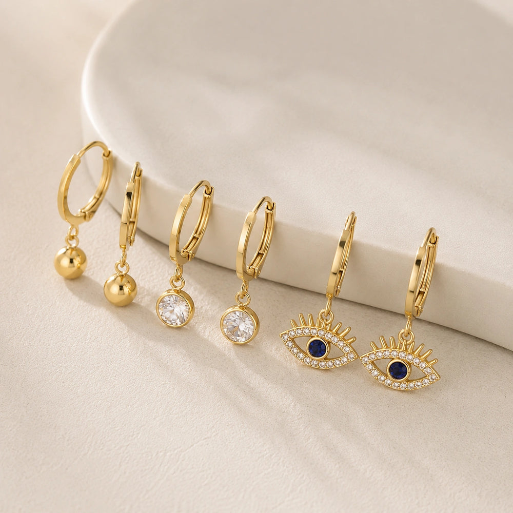 Evil Eye & Minimalist Hoop Earrings Set of 3 - Anti Tarnish Gold Plated
