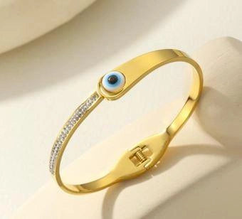 Evil Eye Anti-Tarnish Gold Plated Bangle | Crystal Cuff Bracelet