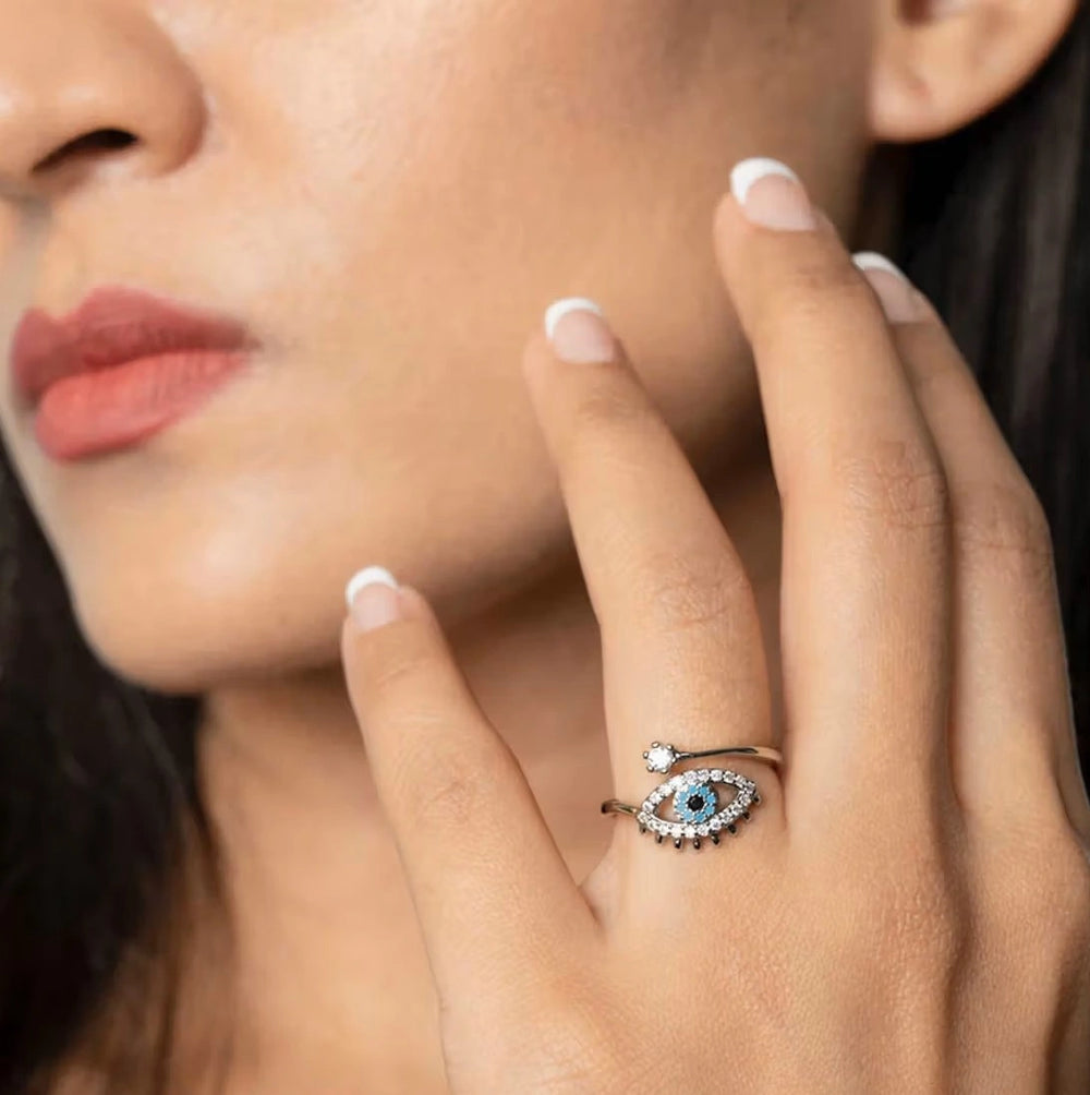 Evil Eye Adjustable Crystal Ring - High Quality Silver Fashion Jewelry