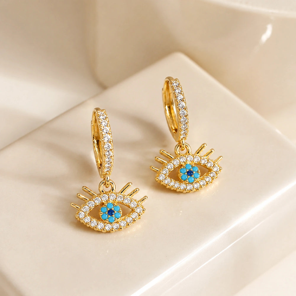 Evil Eye Dangle Hoop Earrings | Anti Tarnish Gold Plated | Minimalist Everyday Jewelry