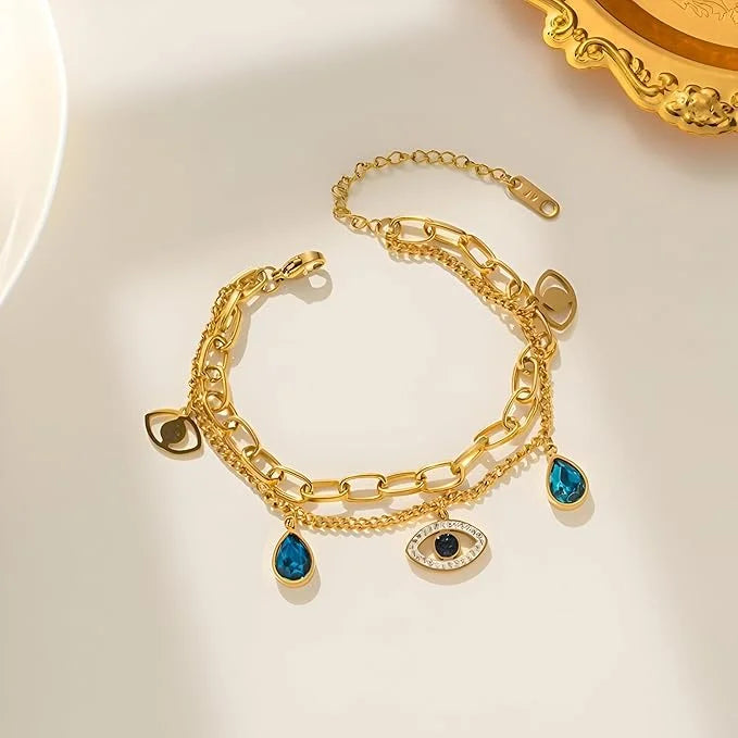 Evil Eye Blue Stone Layered Bracelet - Anti Tarnish Gold Plated Chain