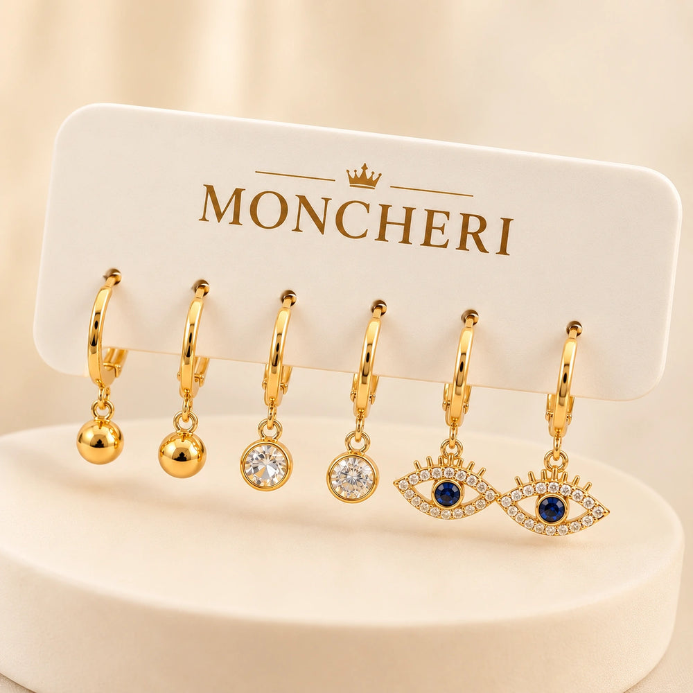 Evil Eye & Minimalist Hoop Earrings Set of 3 - Anti Tarnish Gold Plated