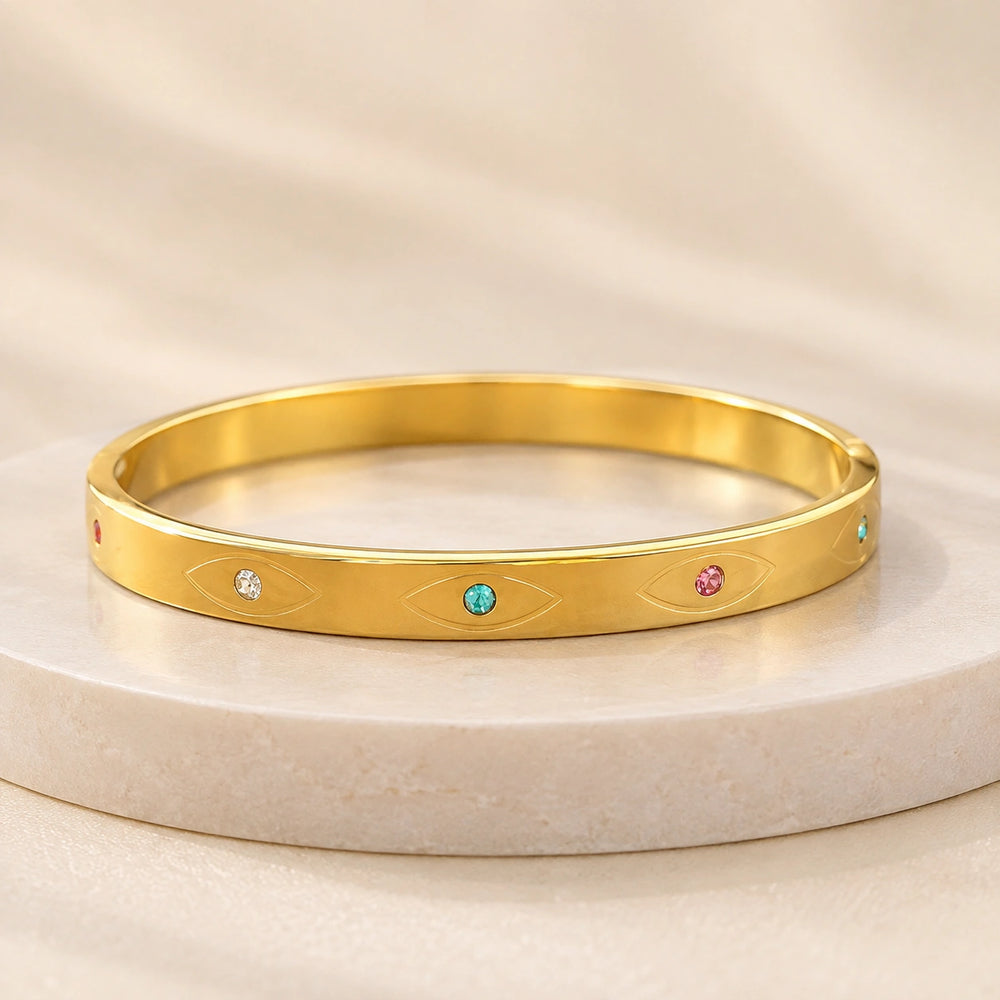 Evil Eye Multi-Stone Gold Plated Bangle | Anti-Tarnish Minimalist Bracelet