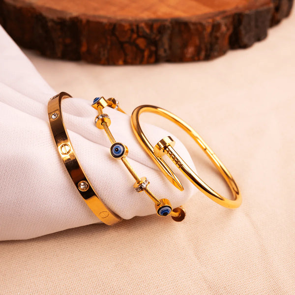 Evil Eye, Nail & Screw Detail Bangle Stack - Anti-Tarnish Gold Plated Bracelet Combo for Women - MONCHERI