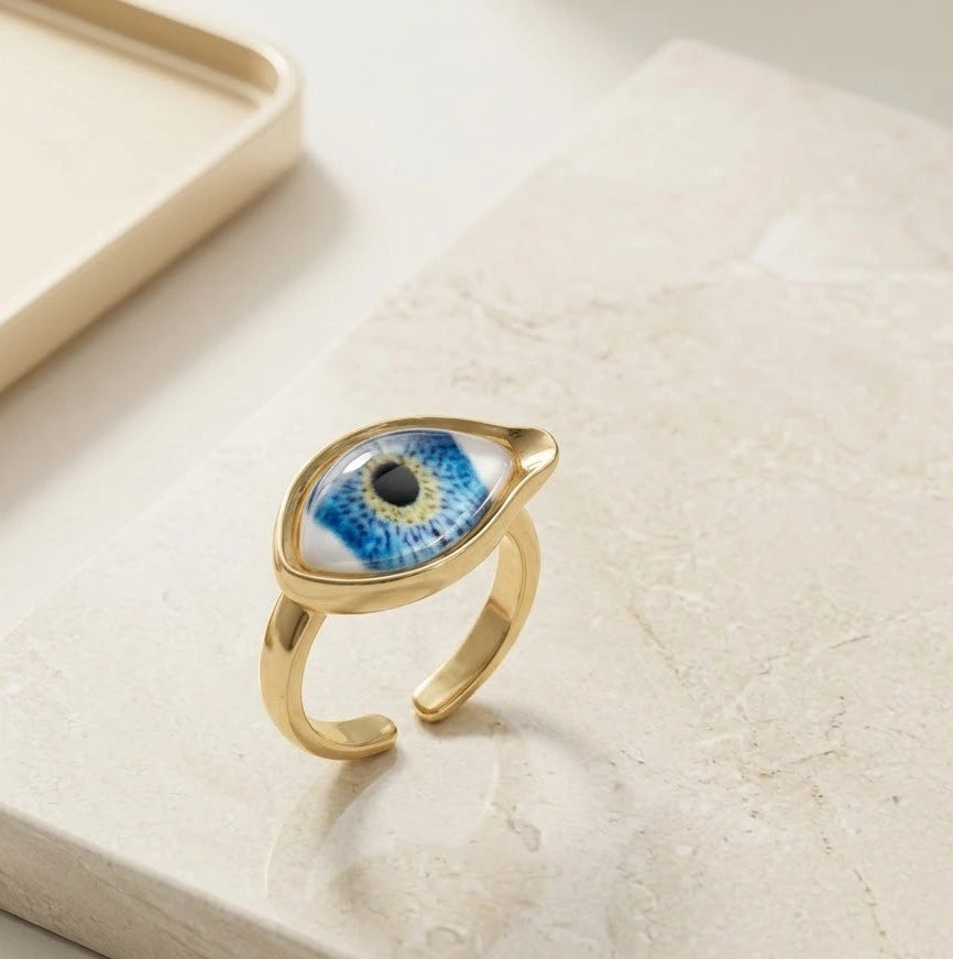 Blue Evil Eye Fashion Ring - Elegant Gold-Finish Statement Ring